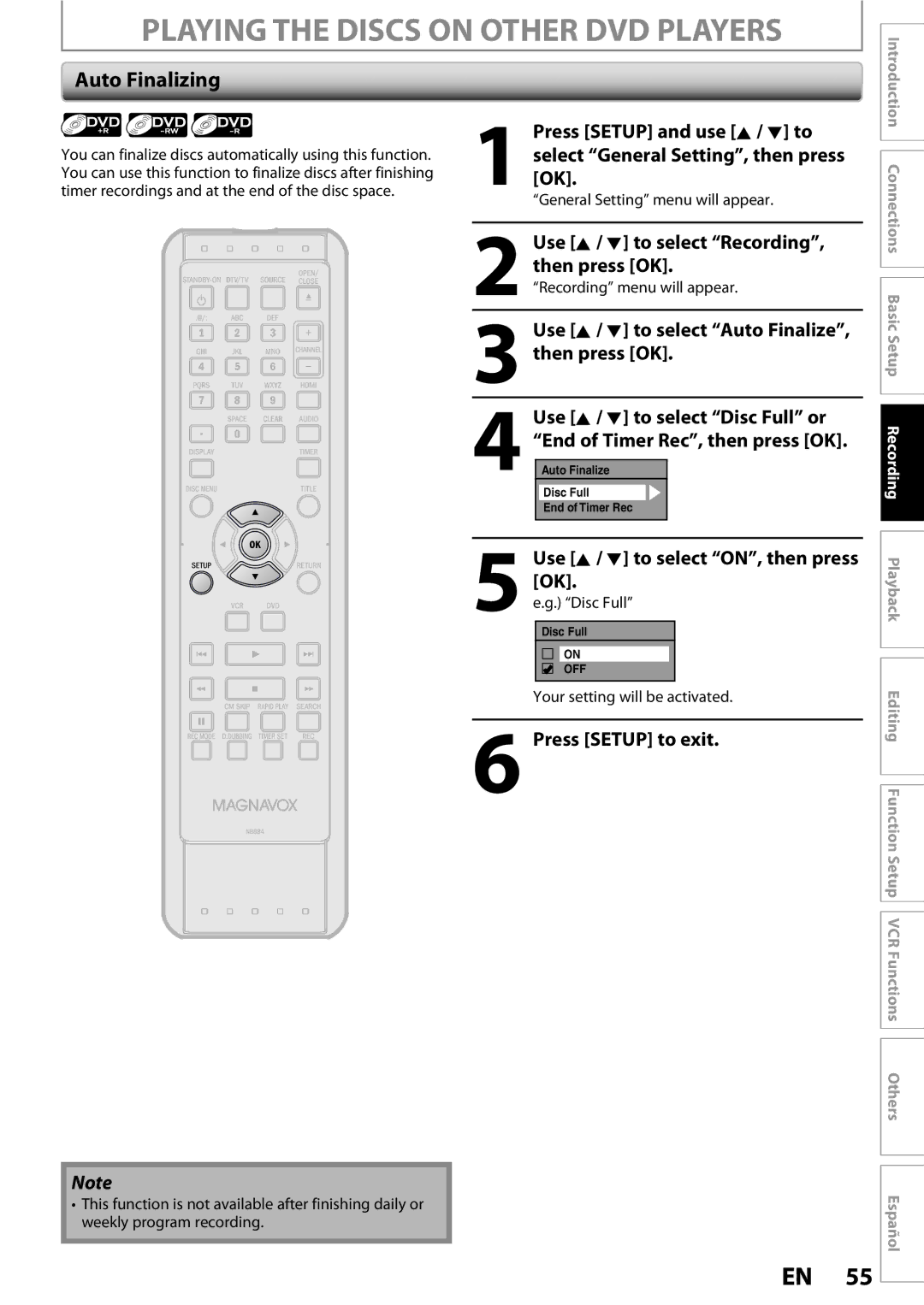 Magnavox 1VMN26713A owner manual Playing the Discs on Other DVD Players, Auto Finalizing 