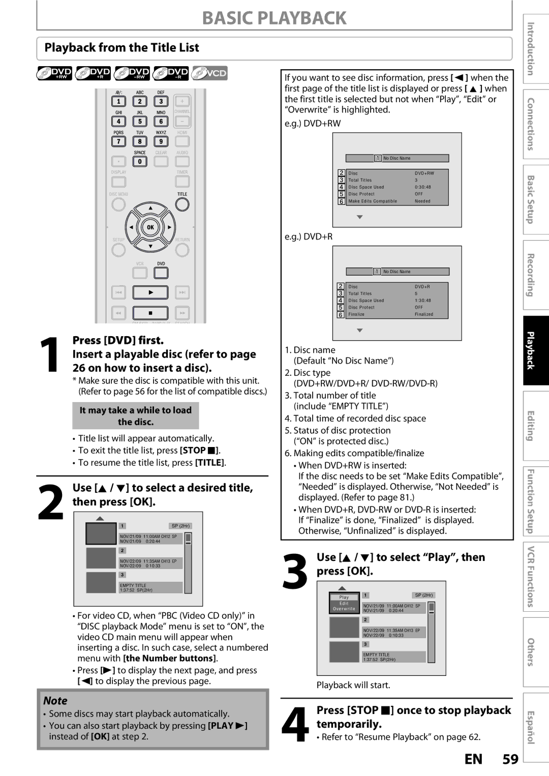 Magnavox 1VMN26713A owner manual Basic Playback, Playback from the Title List, Then press OK 
