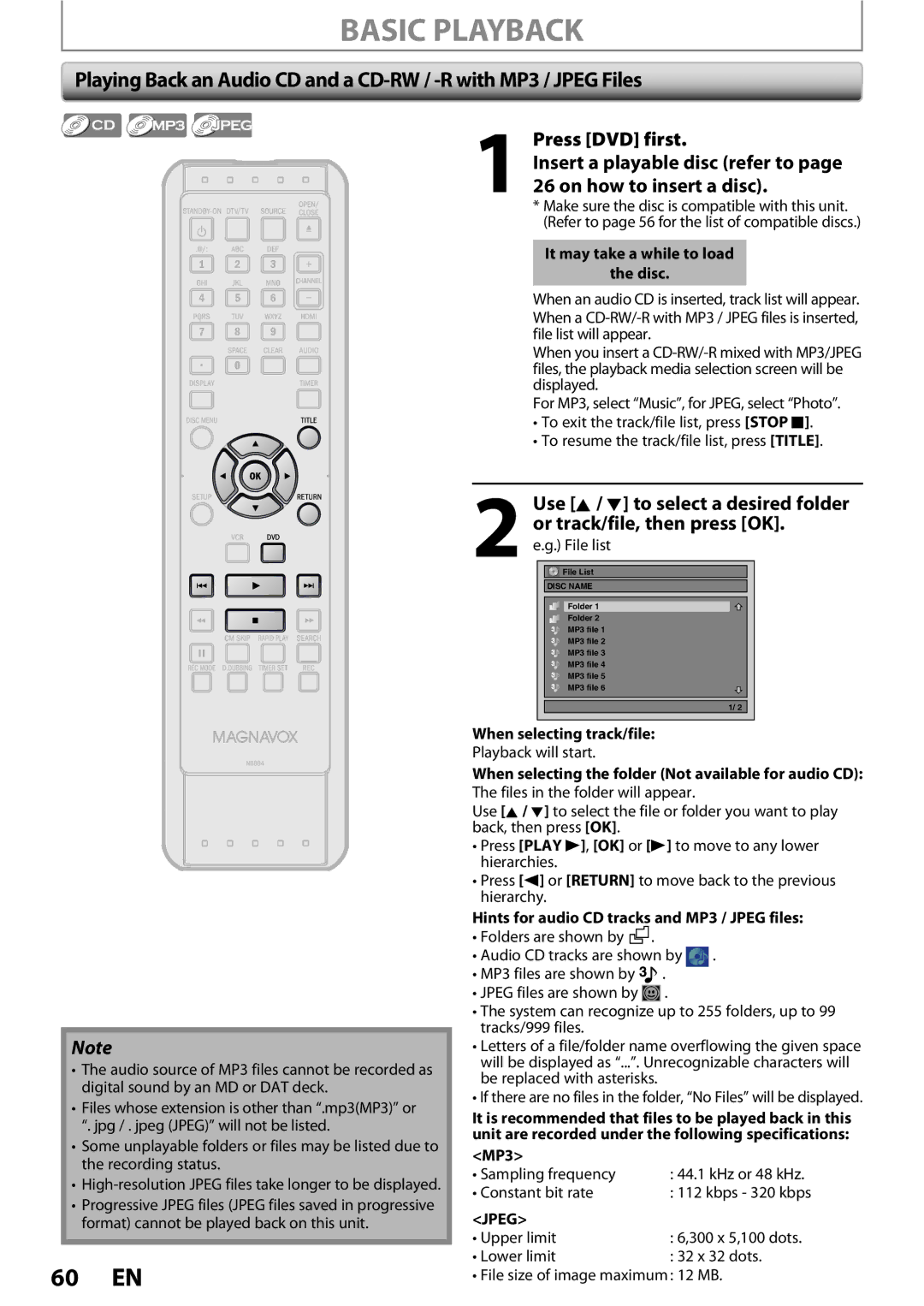 Magnavox 1VMN26713A owner manual When selecting track/file, When selecting the folder Not available for audio CD, MP3 