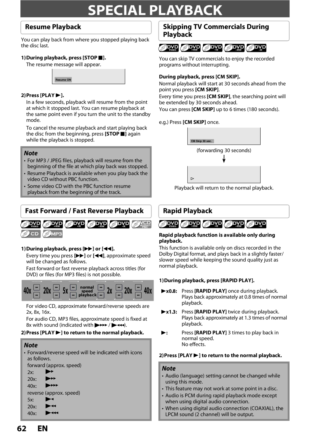 Magnavox 1VMN26713A owner manual Special Playback, Resume Playback, Skipping TV Commercials During Playback, Rapid Playback 