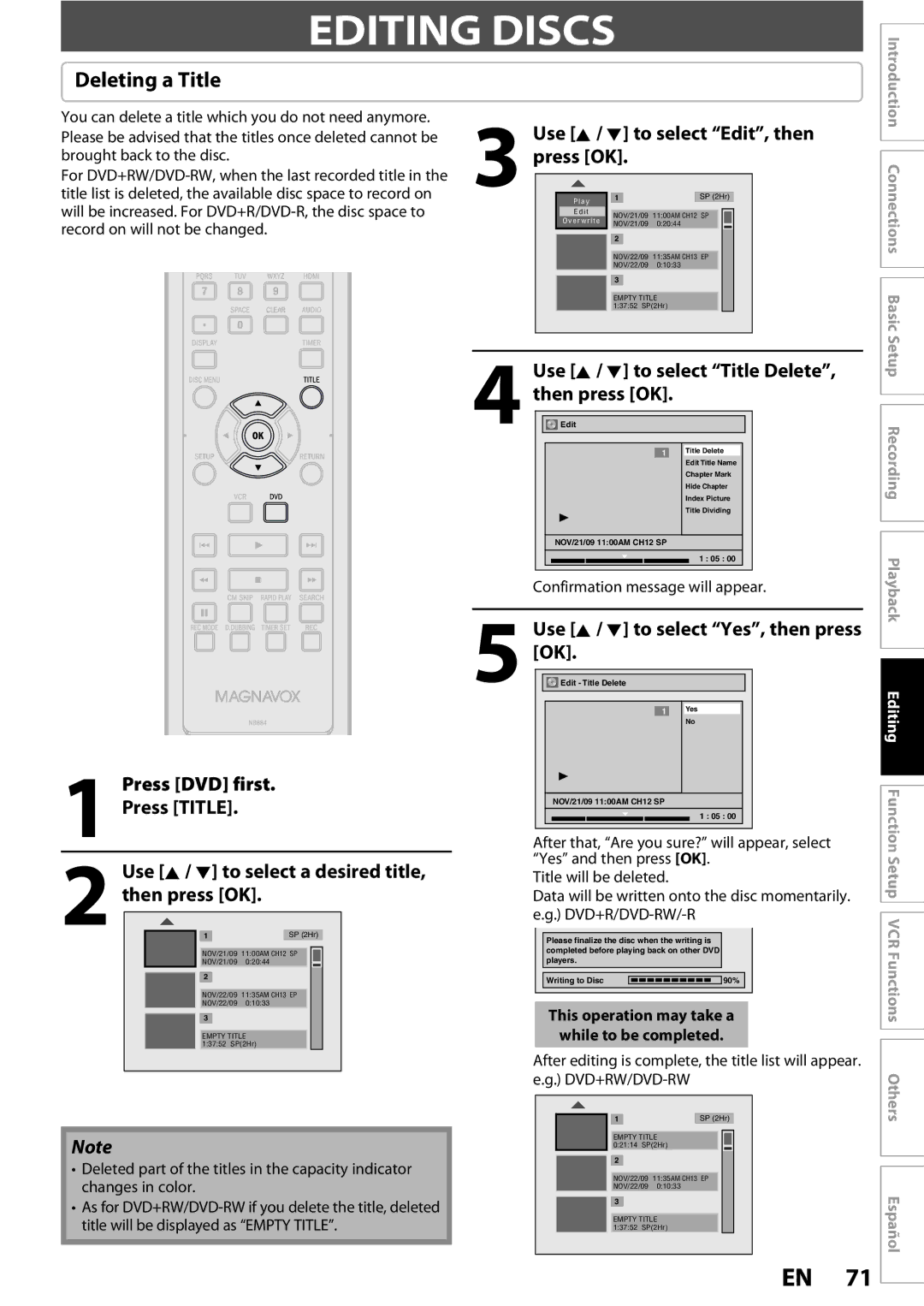 Magnavox 1VMN26713A Editing Discs, Deleting a Title, Use K / L to select Edit, then, Press DVD first Press Title 