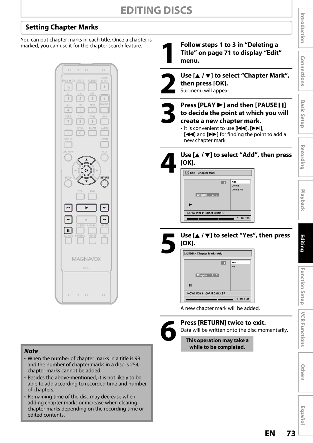 Magnavox 1VMN26713A owner manual Setting Chapter Marks, Use K/ L to select Add, then press OK, Submenu will appear 