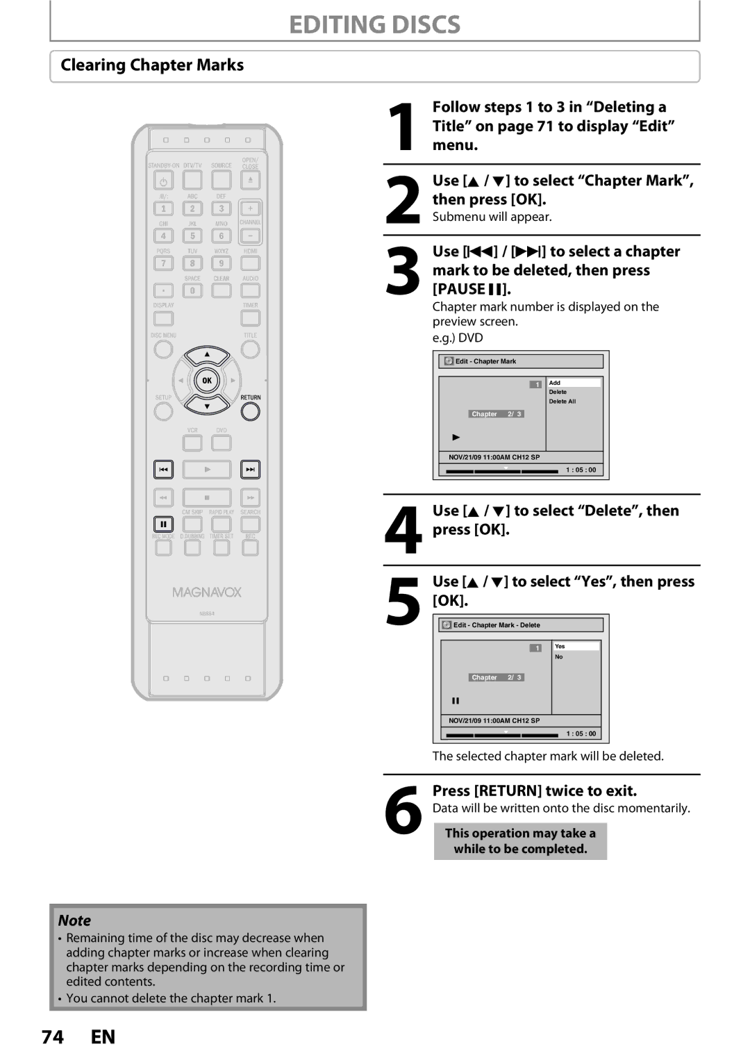 Magnavox 1VMN26713A owner manual Clearing Chapter Marks, Press Return twice to exit, Selected chapter mark will be deleted 