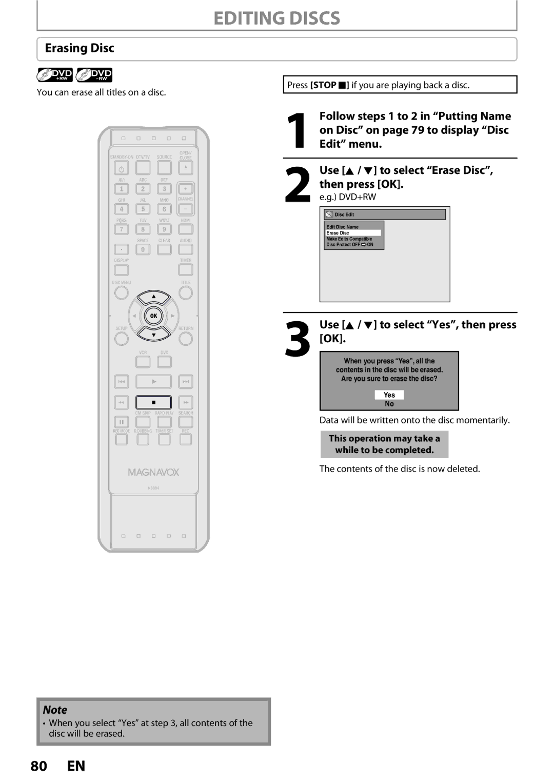 Magnavox 1VMN26713A owner manual Erasing Disc, Contents of the disc is now deleted 