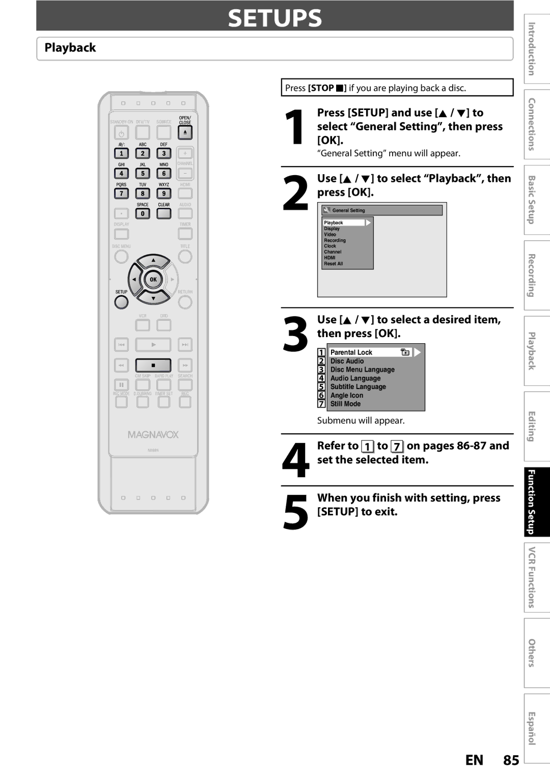 Magnavox 1VMN26713A owner manual Setups, Playback 