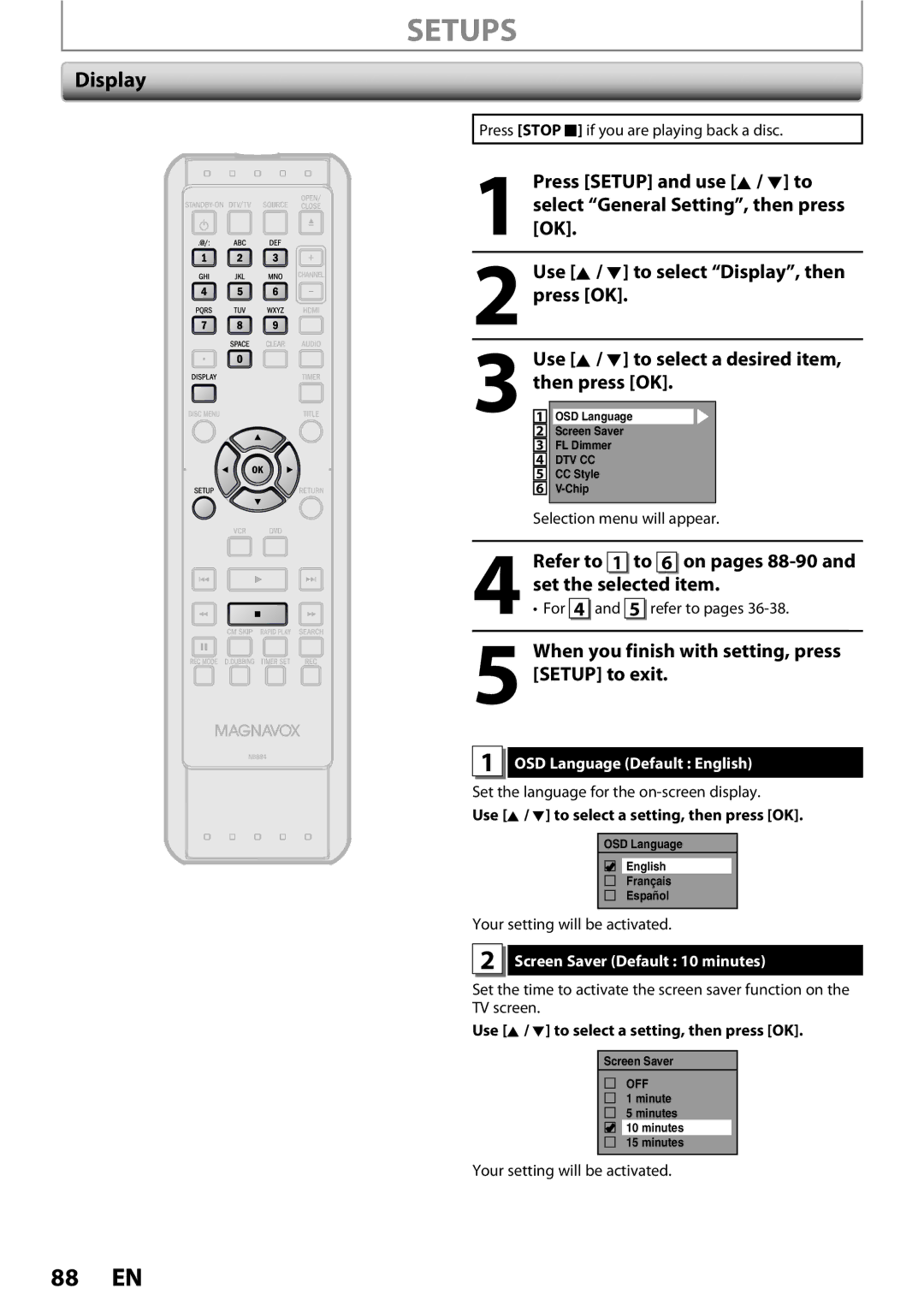 Magnavox 1VMN26713A owner manual Display, When you finish with setting, press Setup to exit, OSD Language Default English 