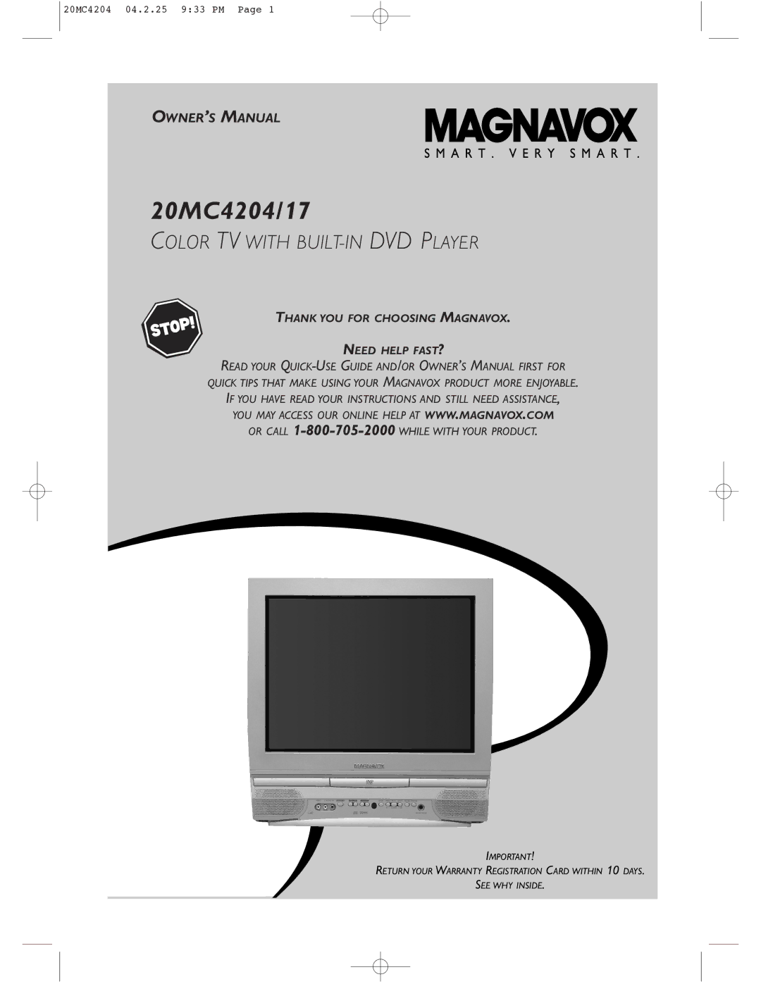 Magnavox 20MC4204/17 owner manual Color TV with BUILT-IN DVD Player 