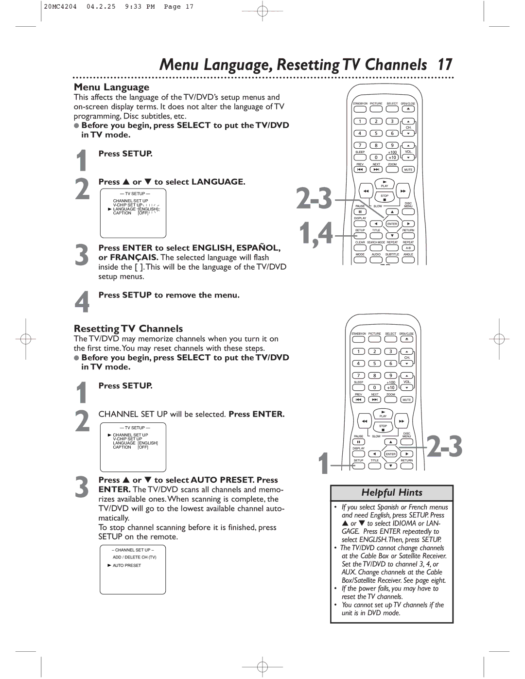 Magnavox 20MC4204/17 owner manual Menu Language, Resetting TV Channels 