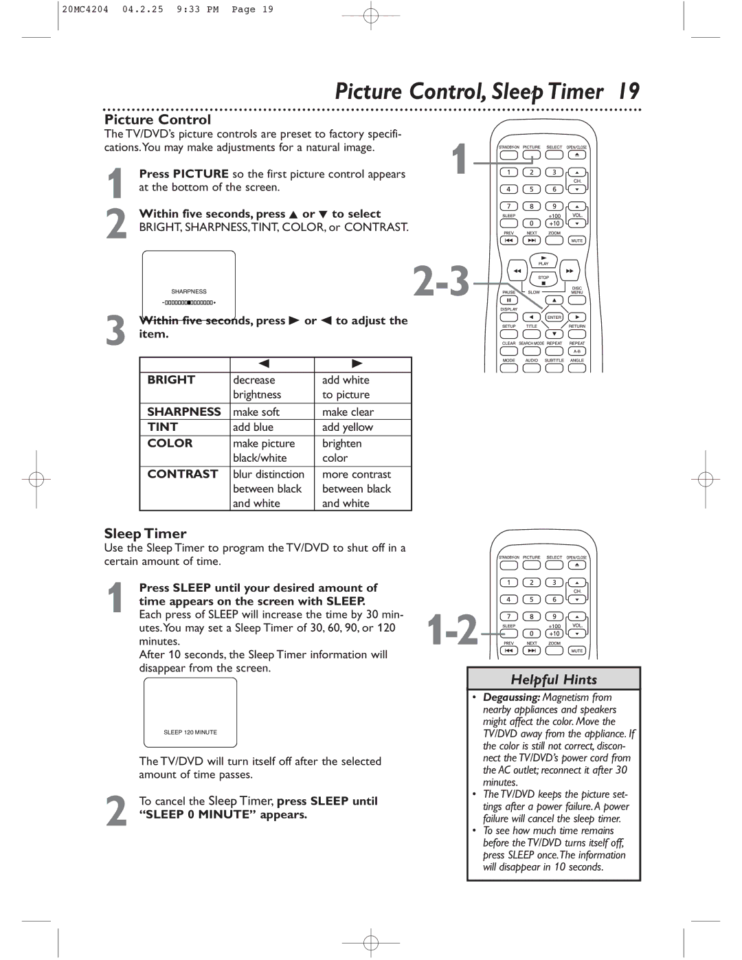 Magnavox 20MC4204/17 owner manual Picture Control, Sleep Timer 