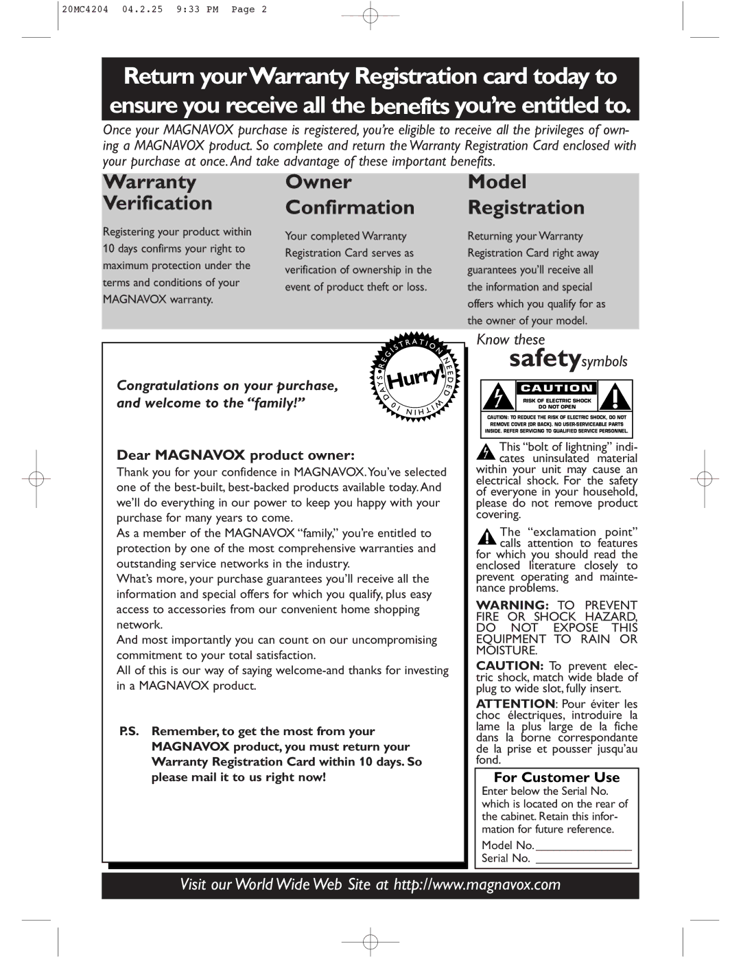 Magnavox 20MC4204/17 owner manual Dear Magnavox product owner, For Customer Use, Model No Serial No 