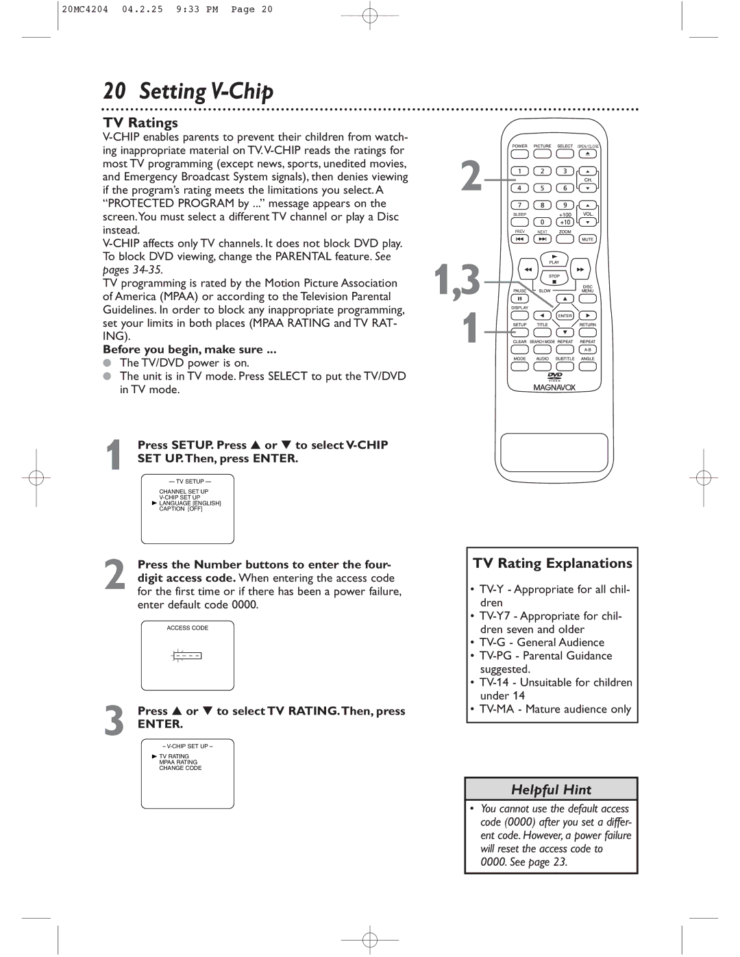 Magnavox 20MC4204/17 owner manual Setting V-Chip, TV Ratings, TV Rating Explanations, Before you begin, make sure 