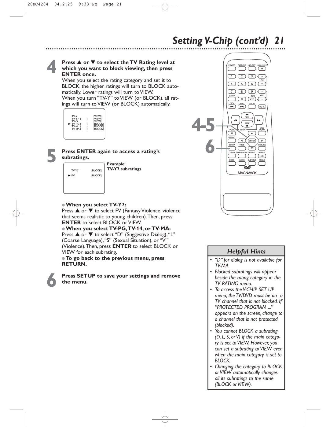 Magnavox 20MC4204/17 owner manual Setting V-Chip cont’d 