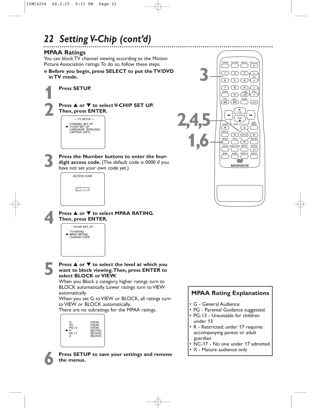 Magnavox 20MC4204/17 owner manual Mpaa Ratings, Mpaa Rating Explanations, Press or to select Mpaa Rating Then, press Enter 