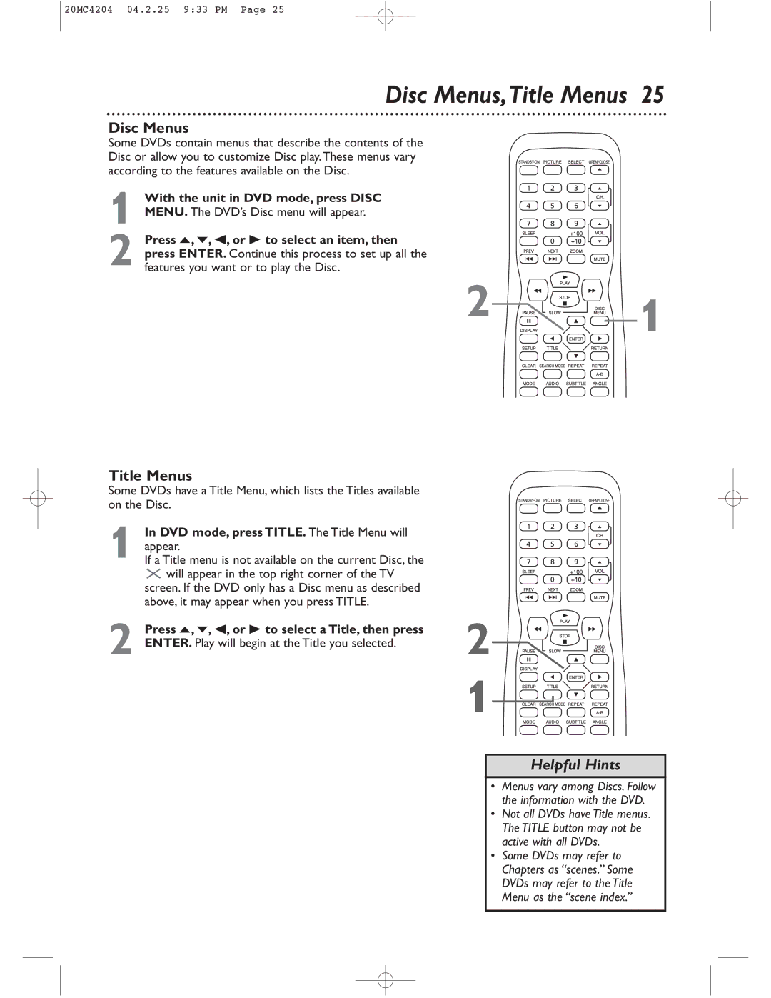 Magnavox 20MC4204/17 owner manual Disc Menus, Title Menus 