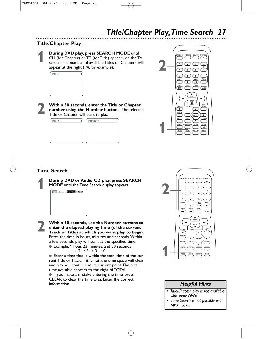 Magnavox 20MC4204/17 owner manual Title/Chapter Play,Time Search 