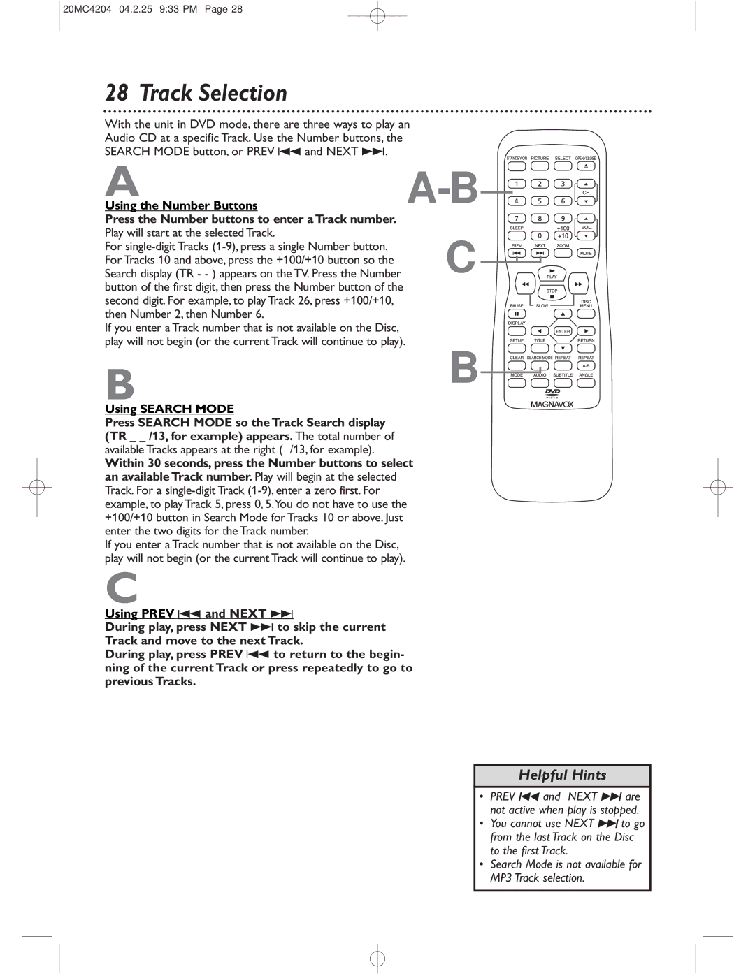 Magnavox 20MC4204/17 owner manual Track Selection, Available Tracks appears at the right /13, for example 