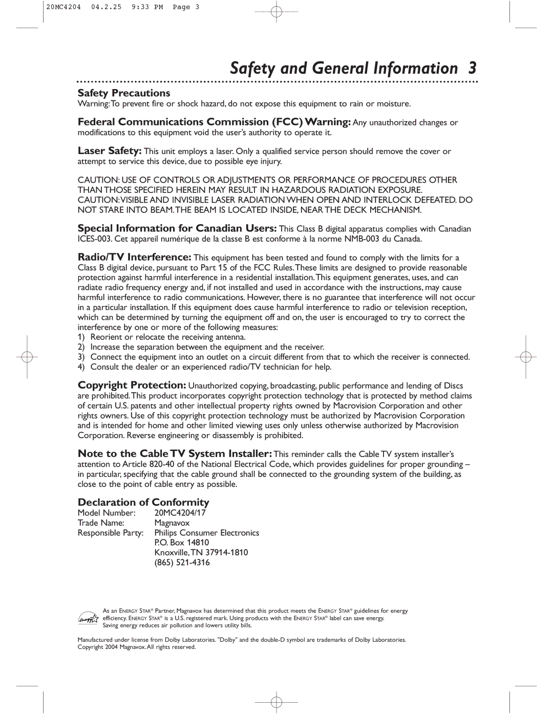 Magnavox 20MC4204/17 owner manual Safety and General Information, Safety Precautions, Declaration of Conformity 