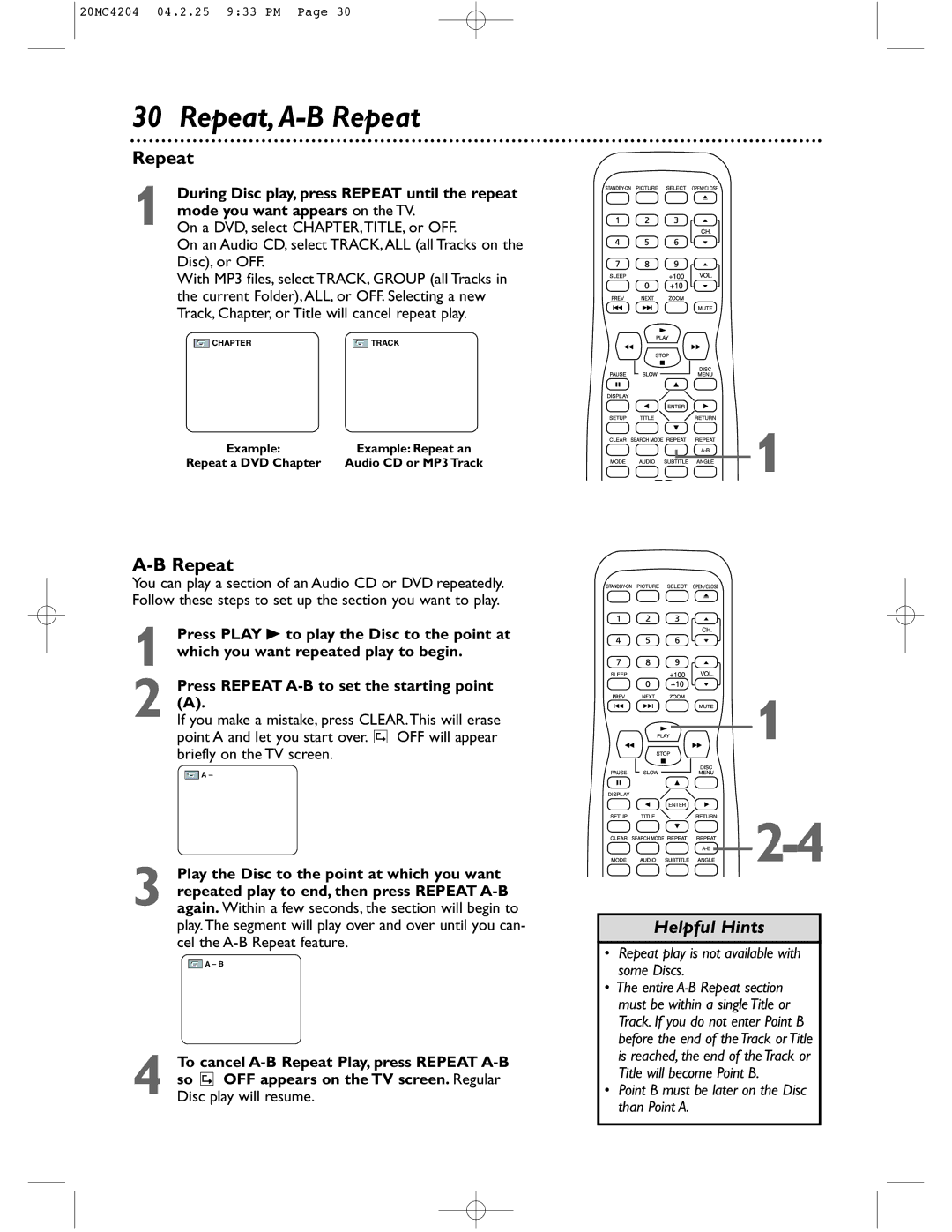 Magnavox 20MC4204/17 owner manual Repeat,A-B Repeat 