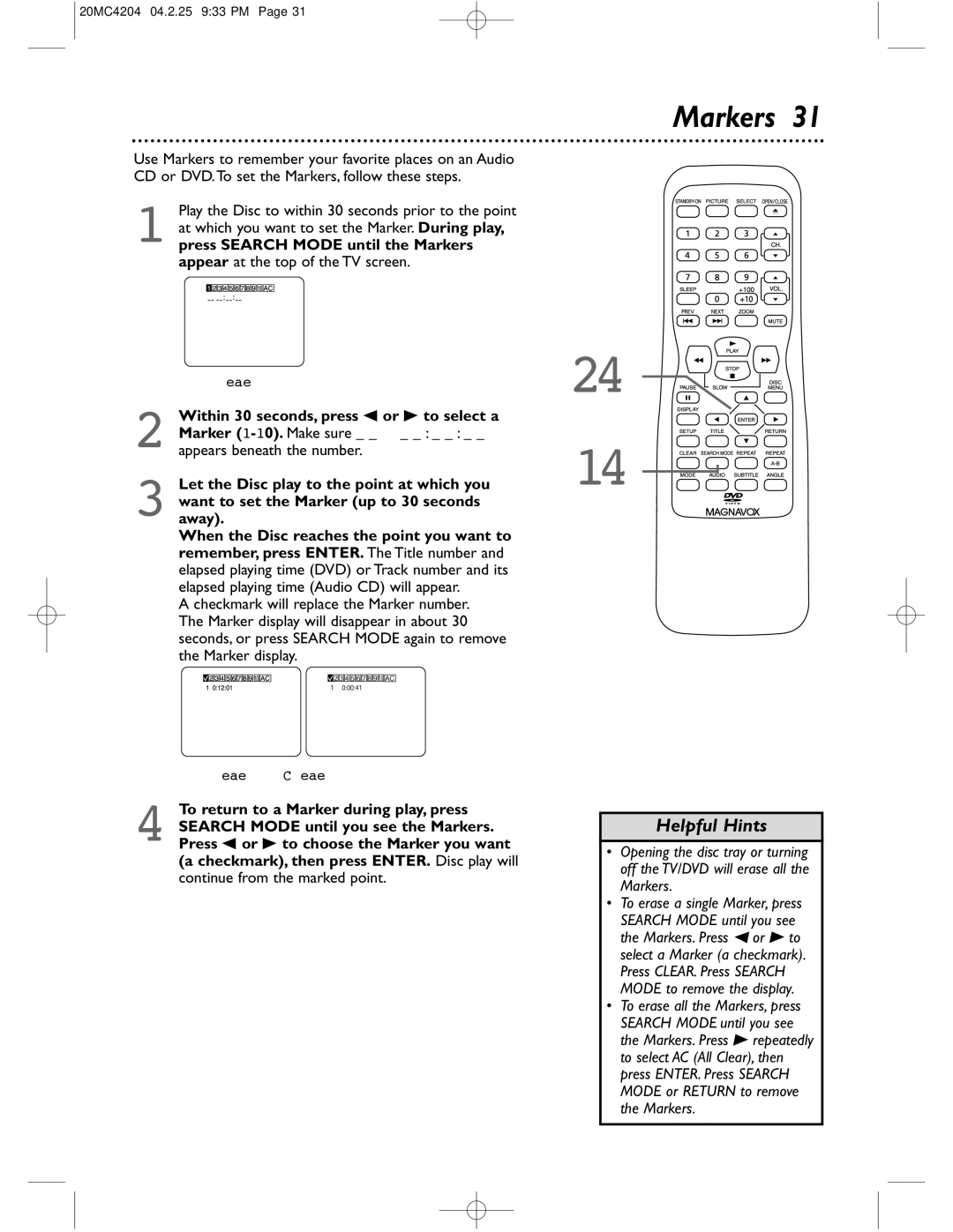 Magnavox 20MC4204/17 owner manual Markers 