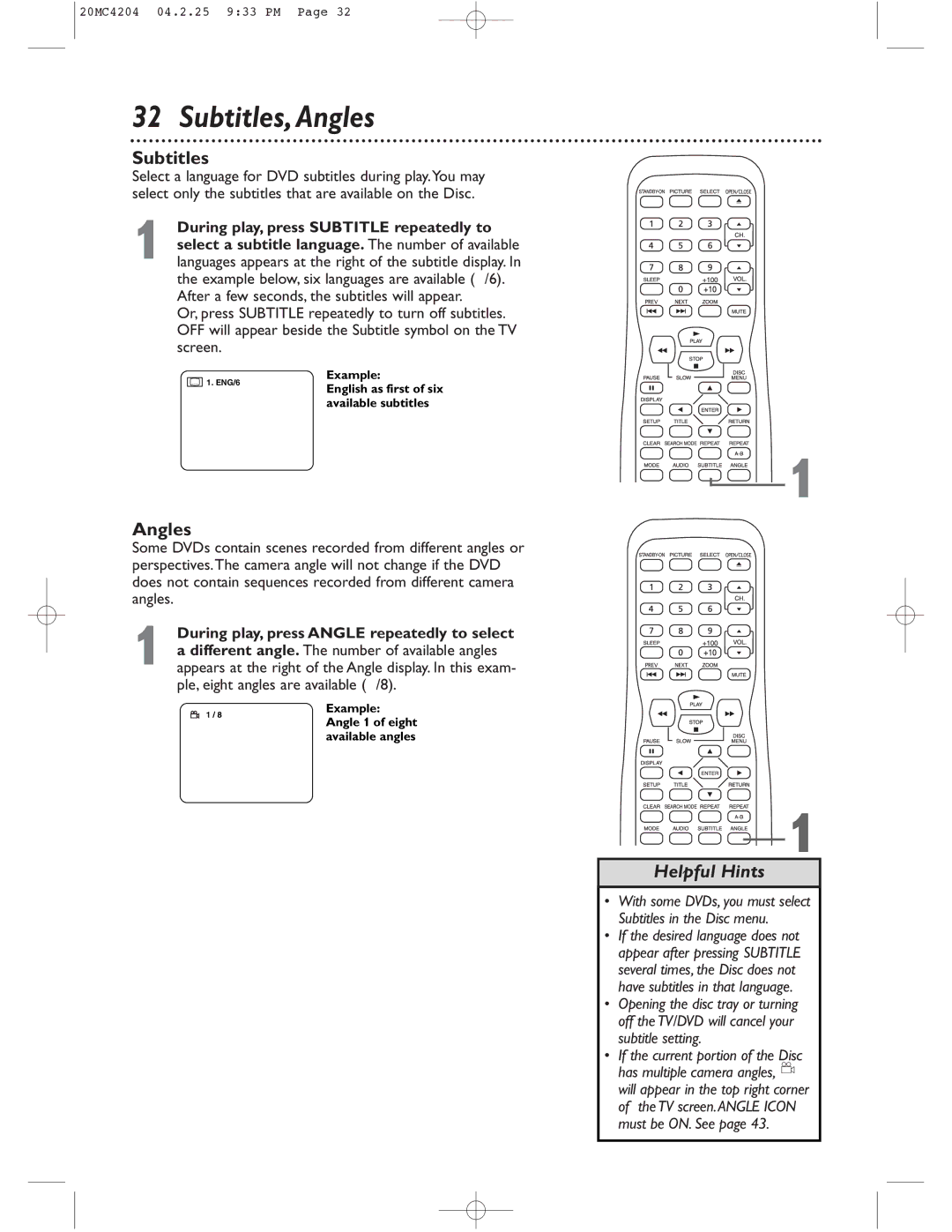 Magnavox 20MC4204/17 owner manual Subtitles,Angles, During play, press Subtitle repeatedly to 