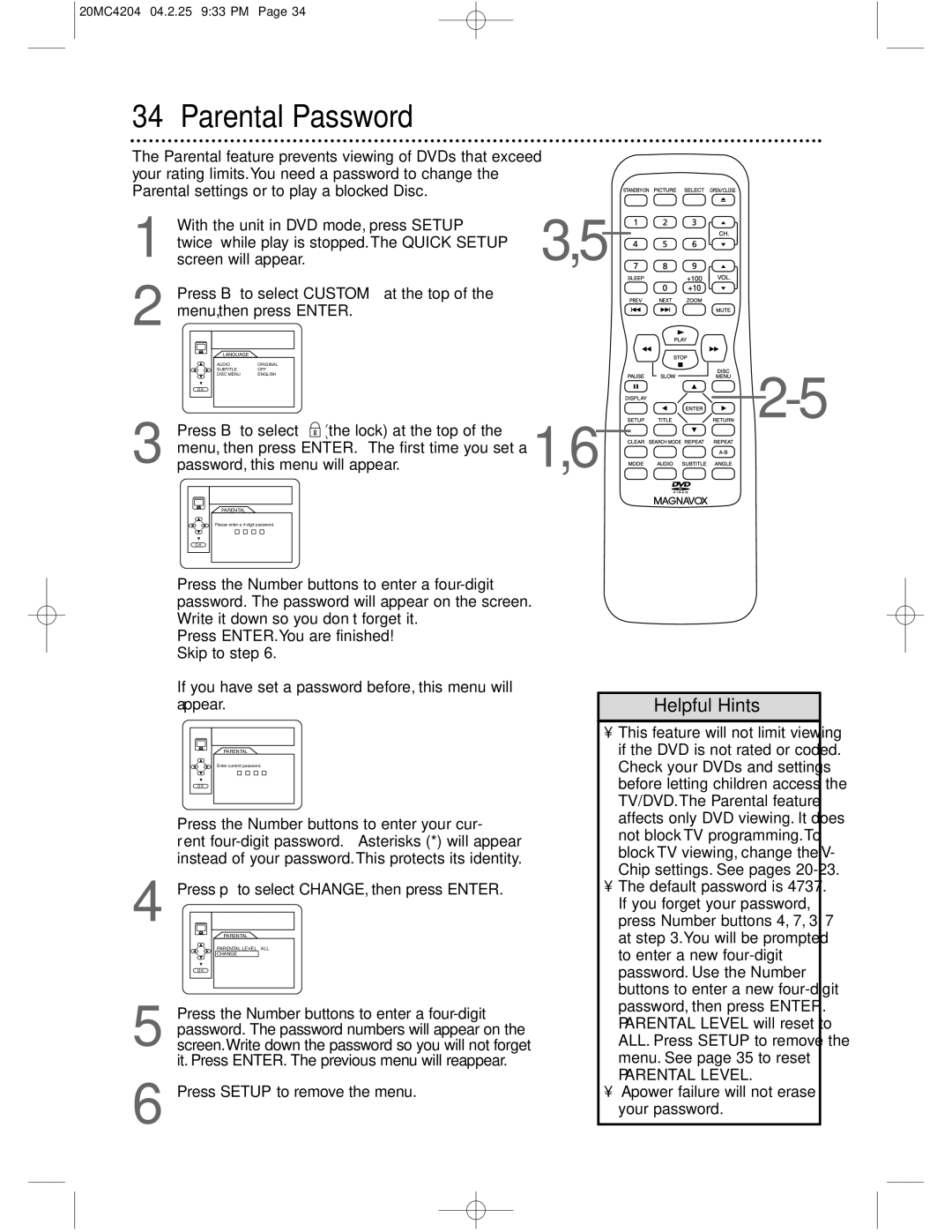 Magnavox 20MC4204/17 owner manual Parental Password, If you have set a password before, this menu will appear 