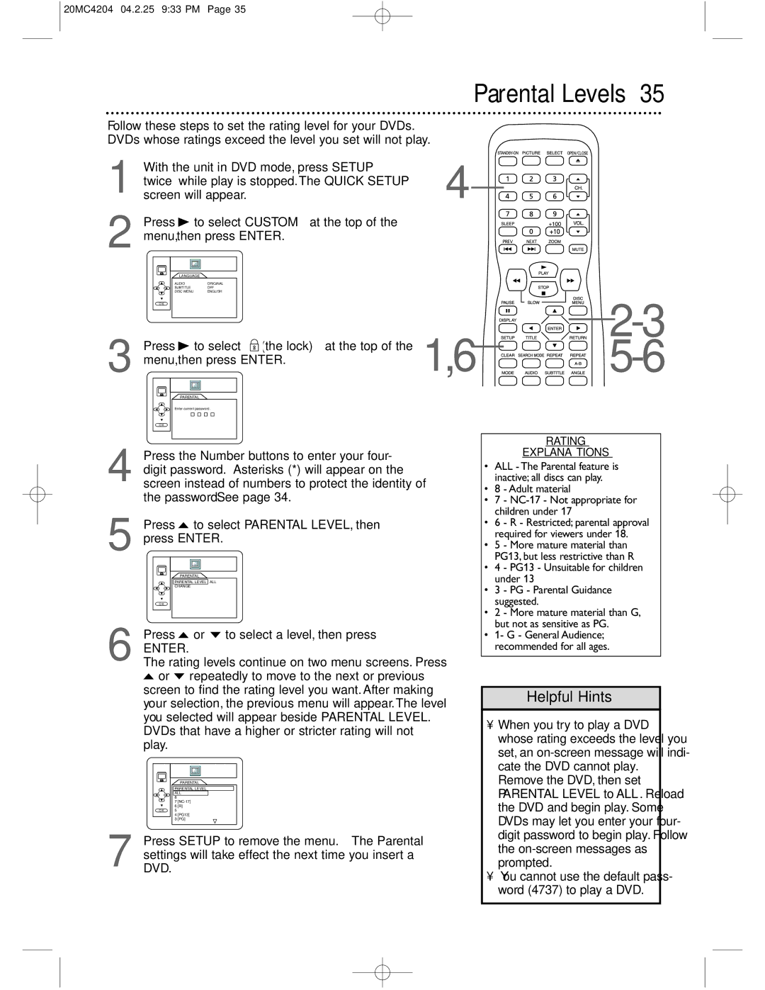 Magnavox 20MC4204/17 Parental Levels, With the unit in DVD mode, press Setup, Press B to select, Menu, then press Enter 