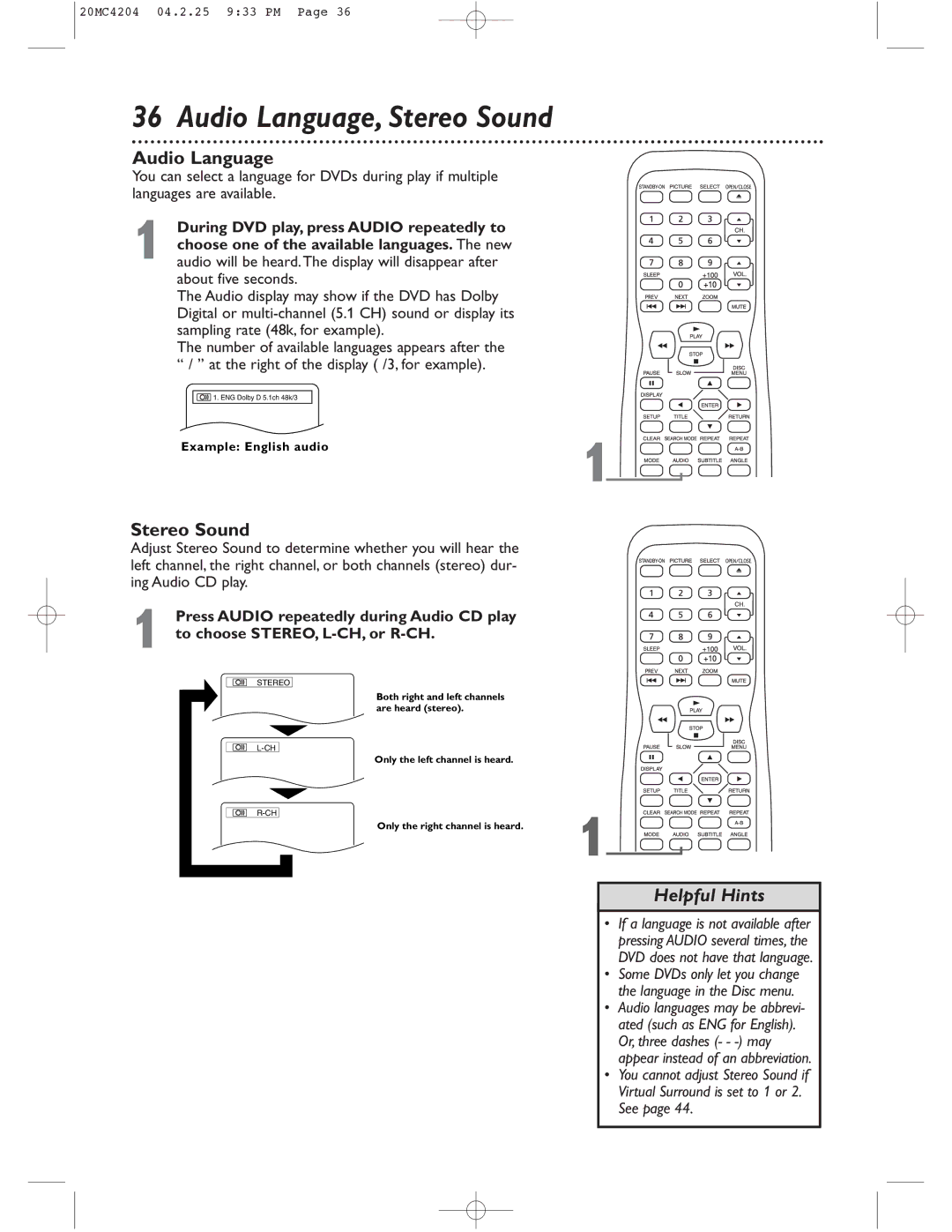 Magnavox 20MC4204/17 owner manual Audio Language, Stereo Sound 