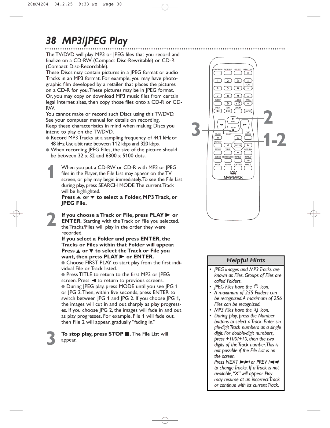 Magnavox 20MC4204/17 38 MP3/JPEG Play, To stop play, press Stop C. The File List will appear, Jpeg Files have the icon 