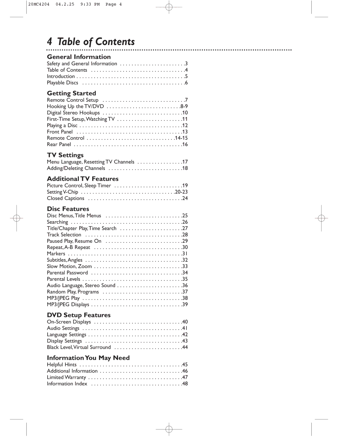 Magnavox 20MC4204/17 owner manual Table of Contents 