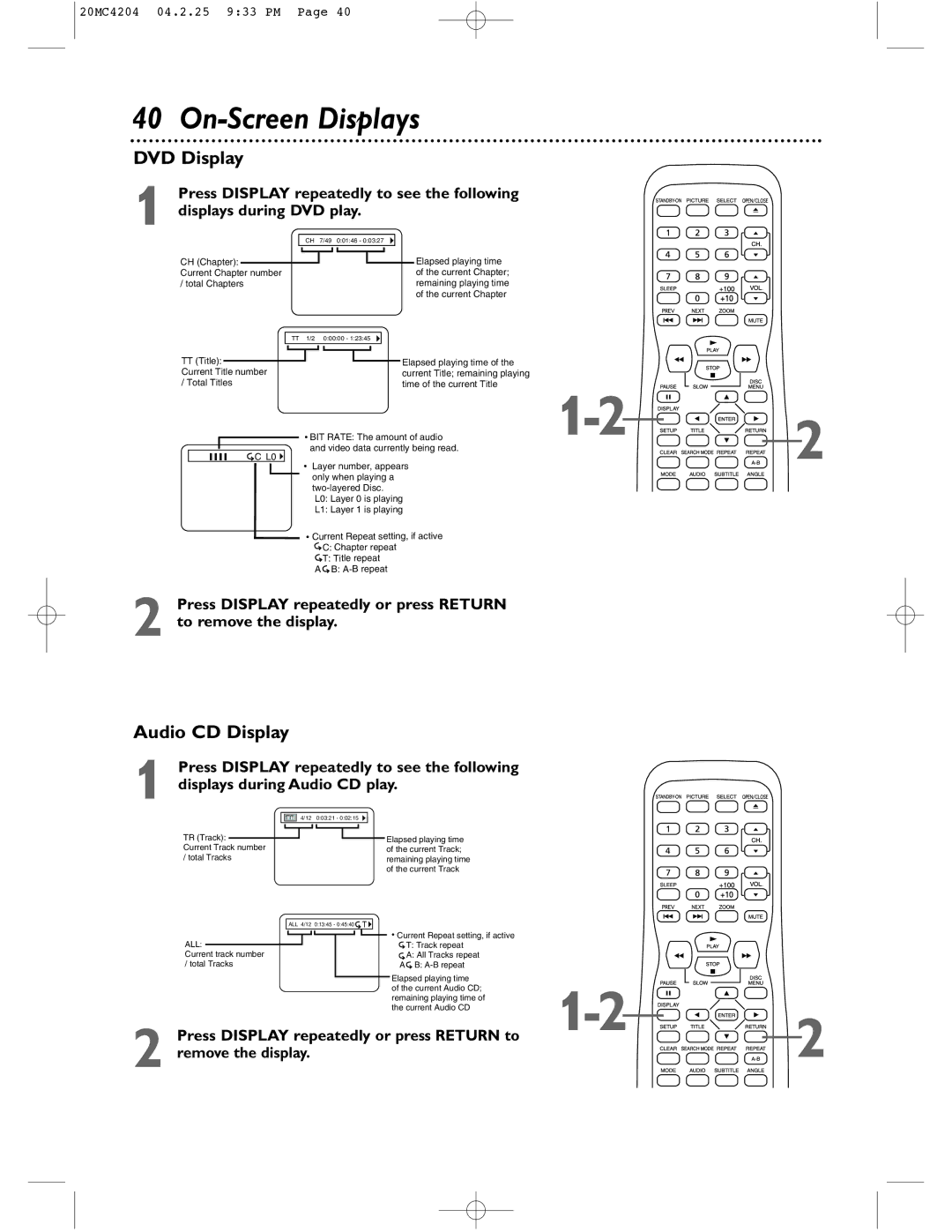 Magnavox 20MC4204/17 owner manual On-Screen Displays, DVD Display, Audio CD Display, Displays during Audio CD play 