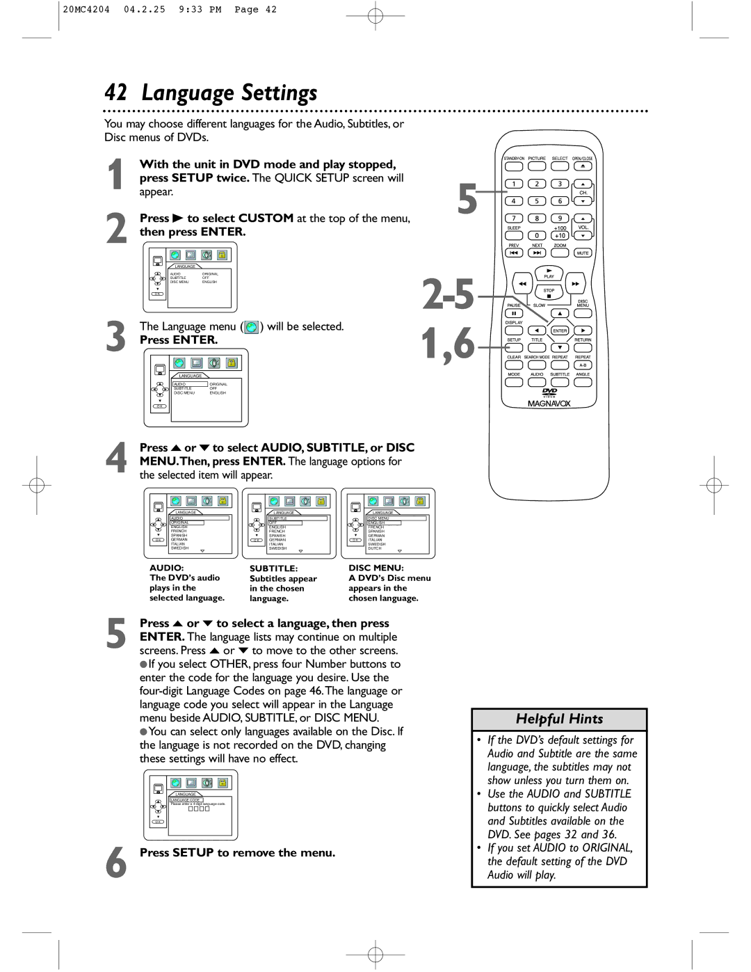 Magnavox 20MC4204/17 owner manual Language Settings, Appear, Language menu will be selected, Press Enter 