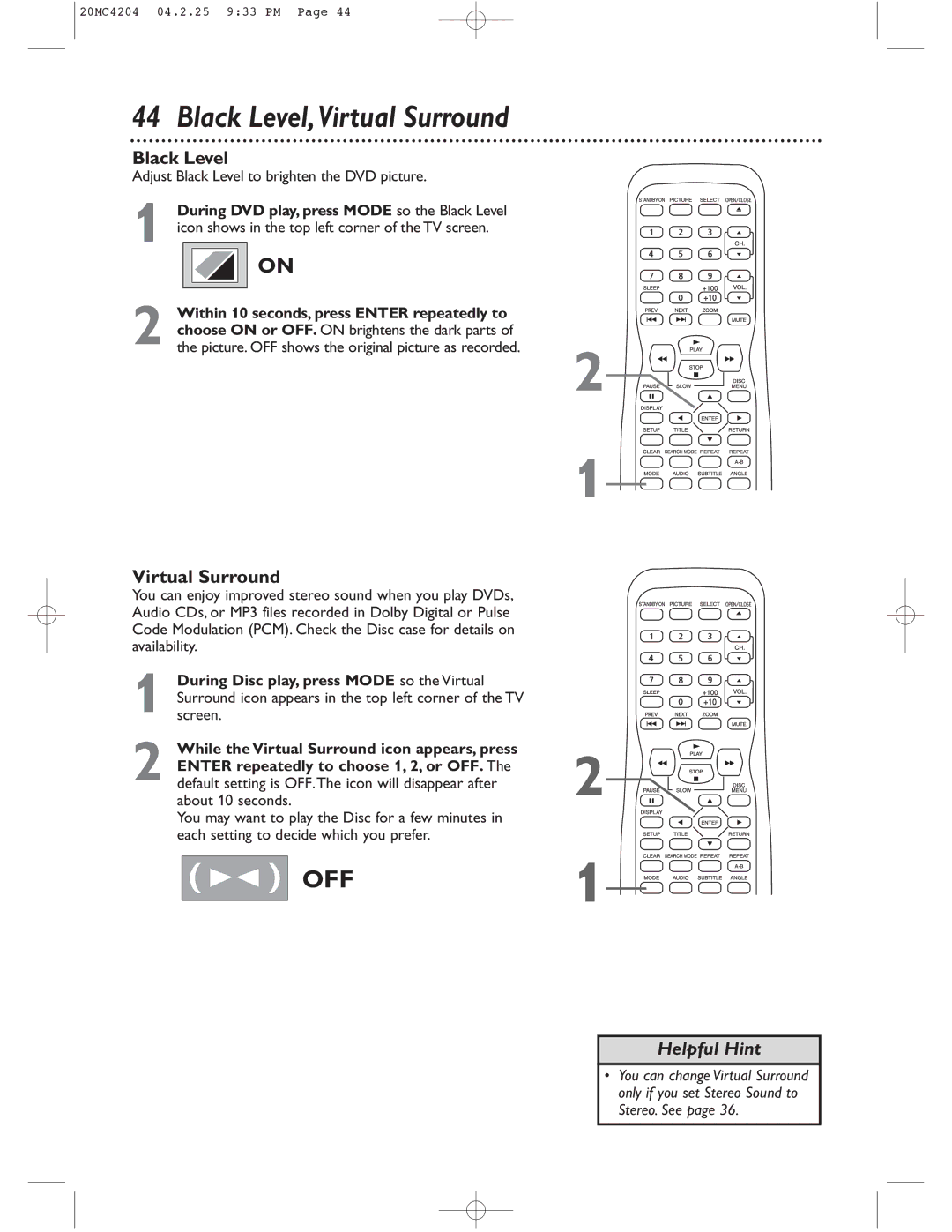 Magnavox 20MC4204/17 owner manual Virtual Surround, Adjust Black Level to brighten the DVD picture 