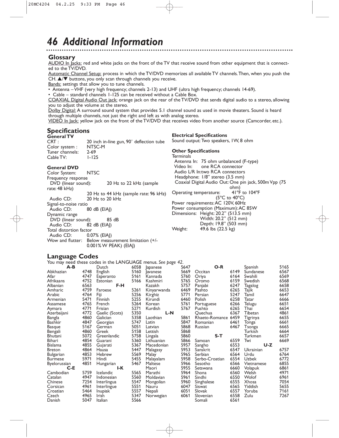 Magnavox 20MC4204/17 owner manual Additional Information, Glossary, Specifications, Language Codes 