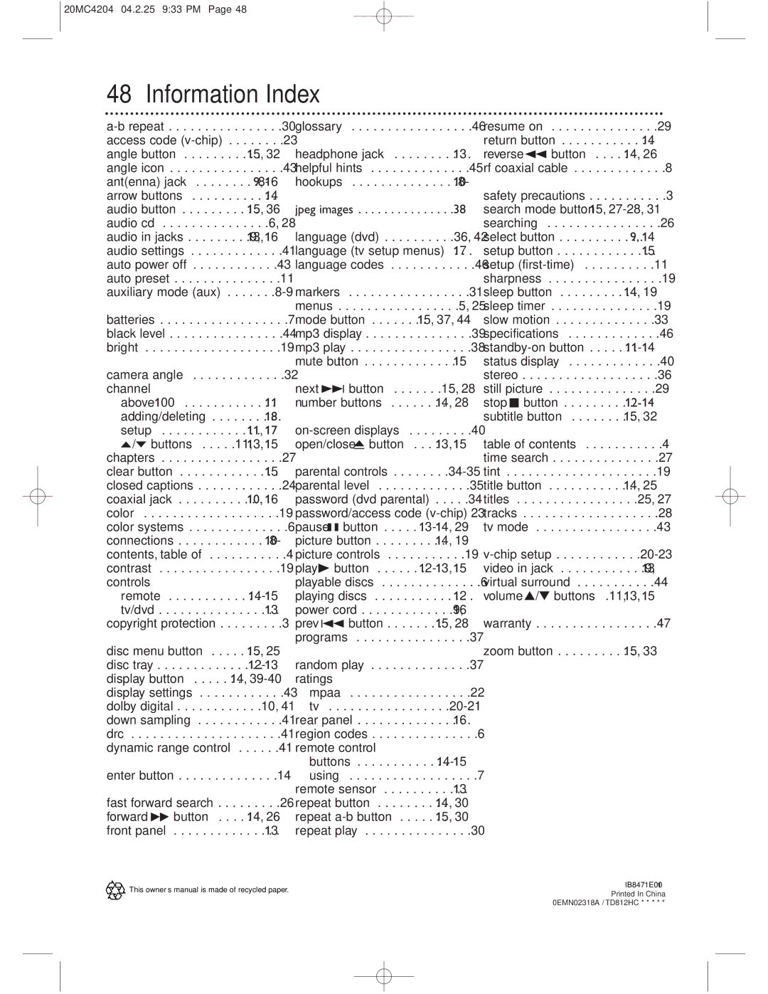 Magnavox 20MC4204/17 owner manual Information Index 