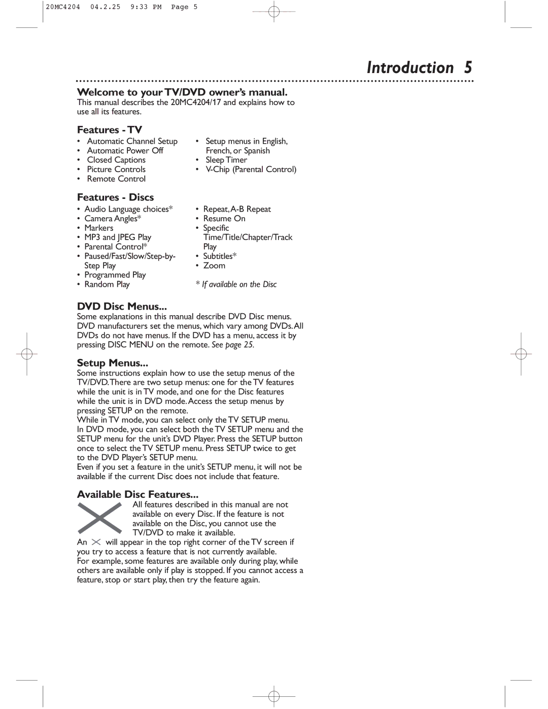 Magnavox 20MC4204/17 owner manual Introduction 