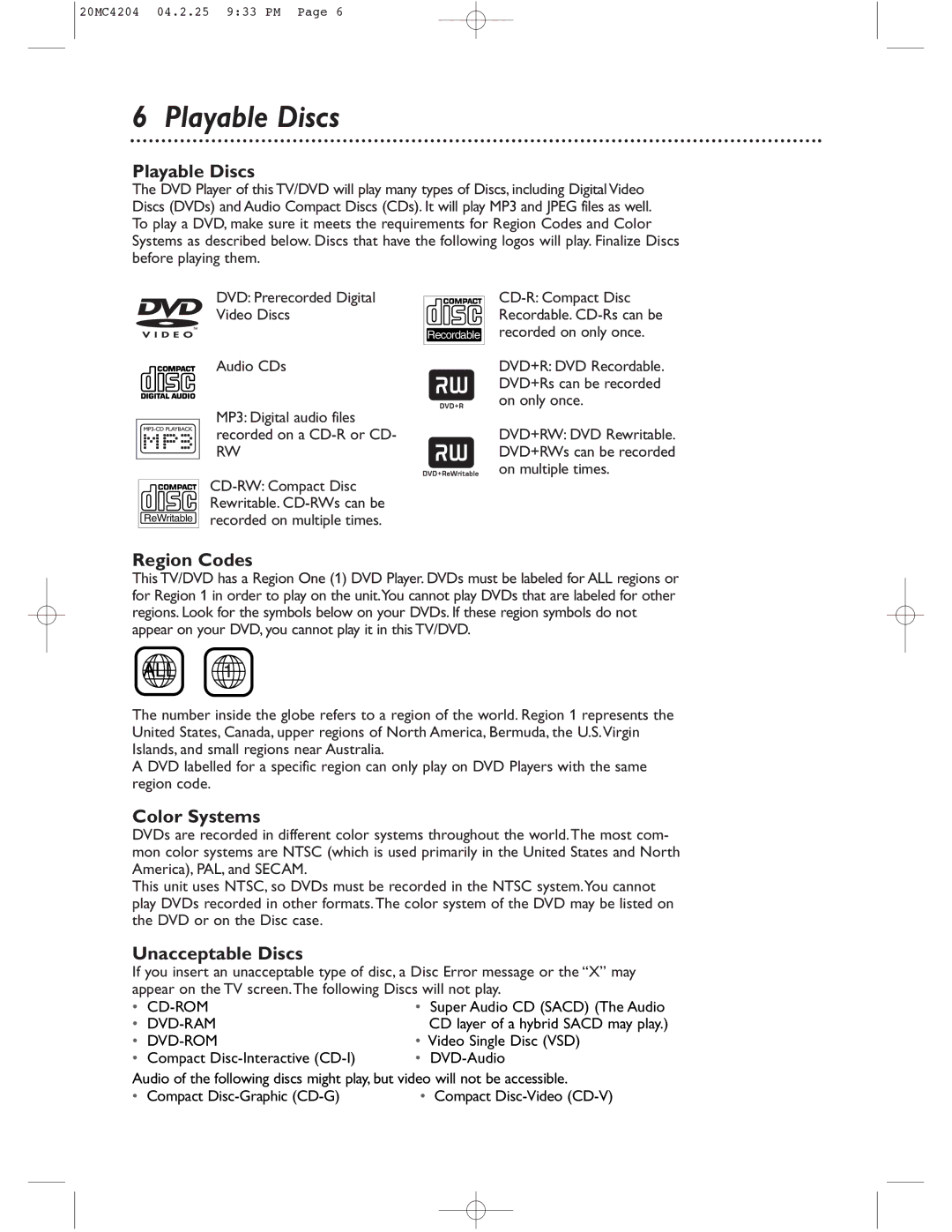 Magnavox 20MC4204/17 owner manual Playable Discs, Region Codes, Color Systems, Unacceptable Discs 