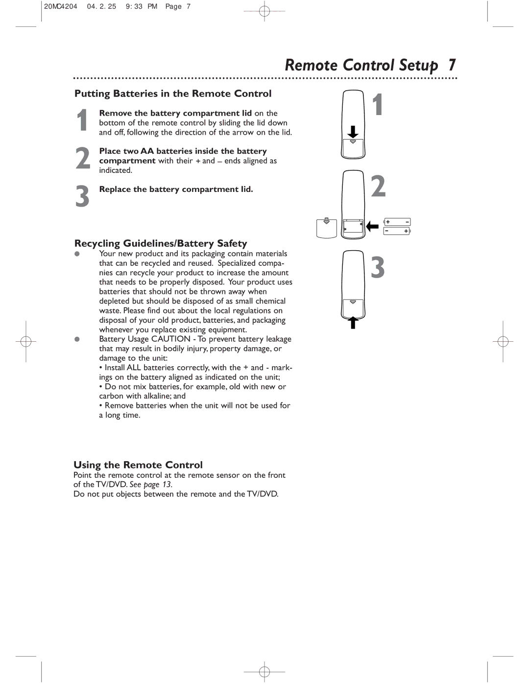 Magnavox 20MC4204/17 Remote Control Setup, Putting Batteries in the Remote Control, Recycling Guidelines/Battery Safety 