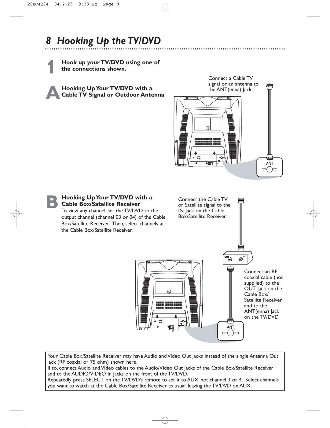 Magnavox 20MC4204/17 owner manual Hooking Up the TV/DVD 