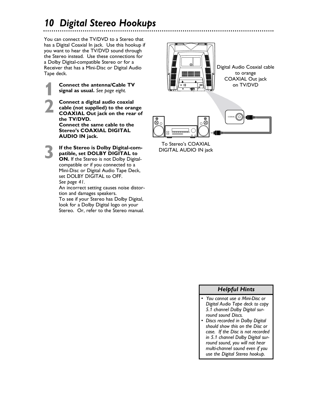 Magnavox 20MDRF20 owner manual Digital Stereo Hookups, See, To Stereo’s Coaxial Digital Audio in jack 