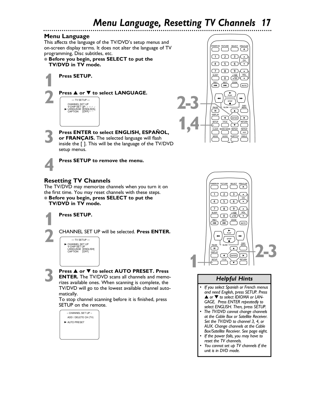 Magnavox 20MDRF20 owner manual If you select Spanish or French menus 