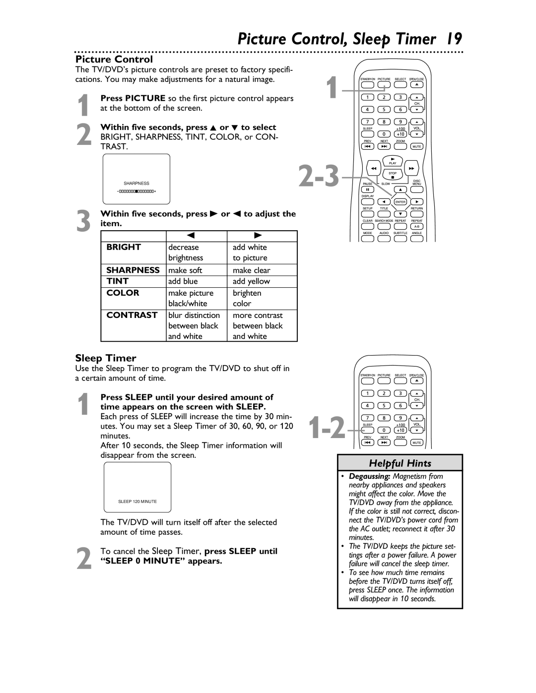 Magnavox 20MDRF20 owner manual Picture Control, Sleep Timer 