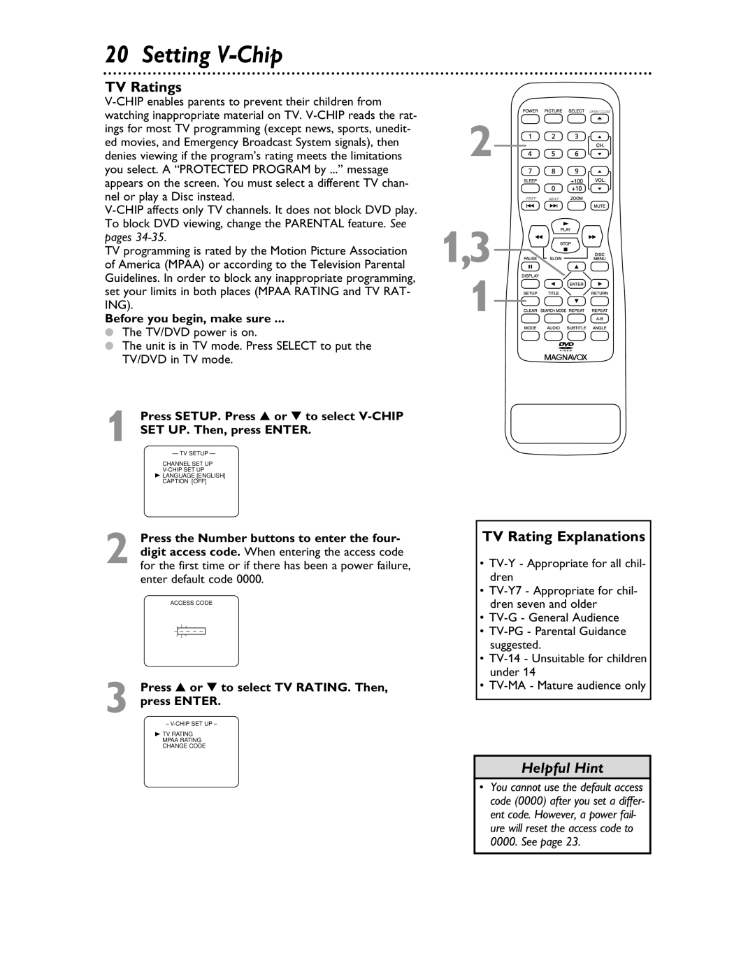 Magnavox 20MDRF20 owner manual Setting V-Chip, TV Ratings, TV Rating Explanations, Before you begin, make sure 