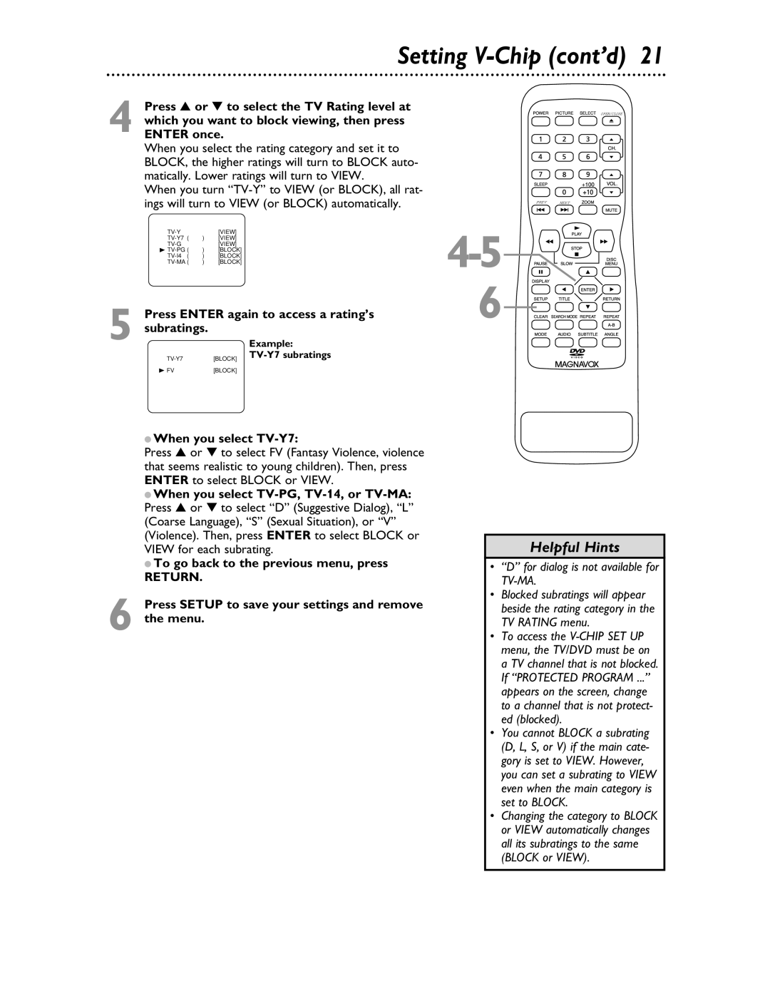 Magnavox 20MDRF20 owner manual Setting V-Chip cont’d 