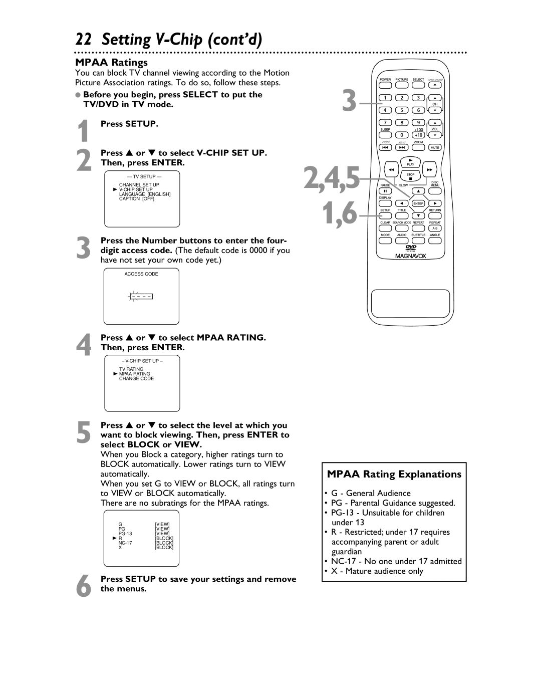 Magnavox 20MDRF20 owner manual Mpaa Ratings, Mpaa Rating Explanations 