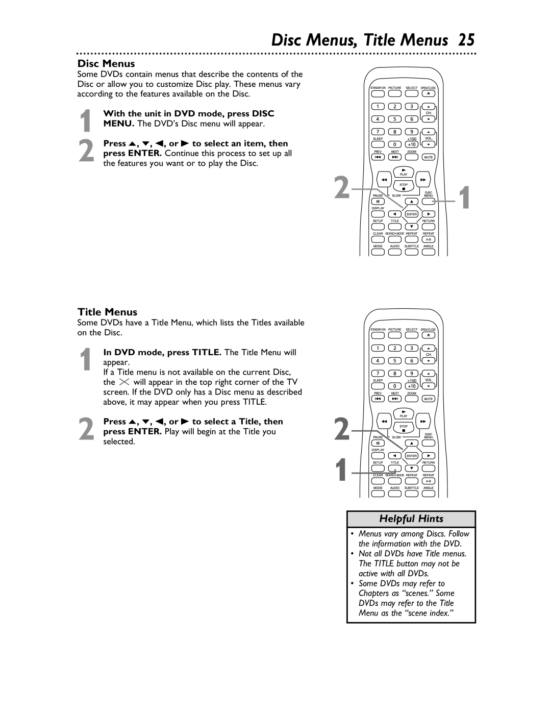 Magnavox 20MDRF20 owner manual Disc Menus, Title Menus, DVD mode, press TITLE. The Title Menu will 