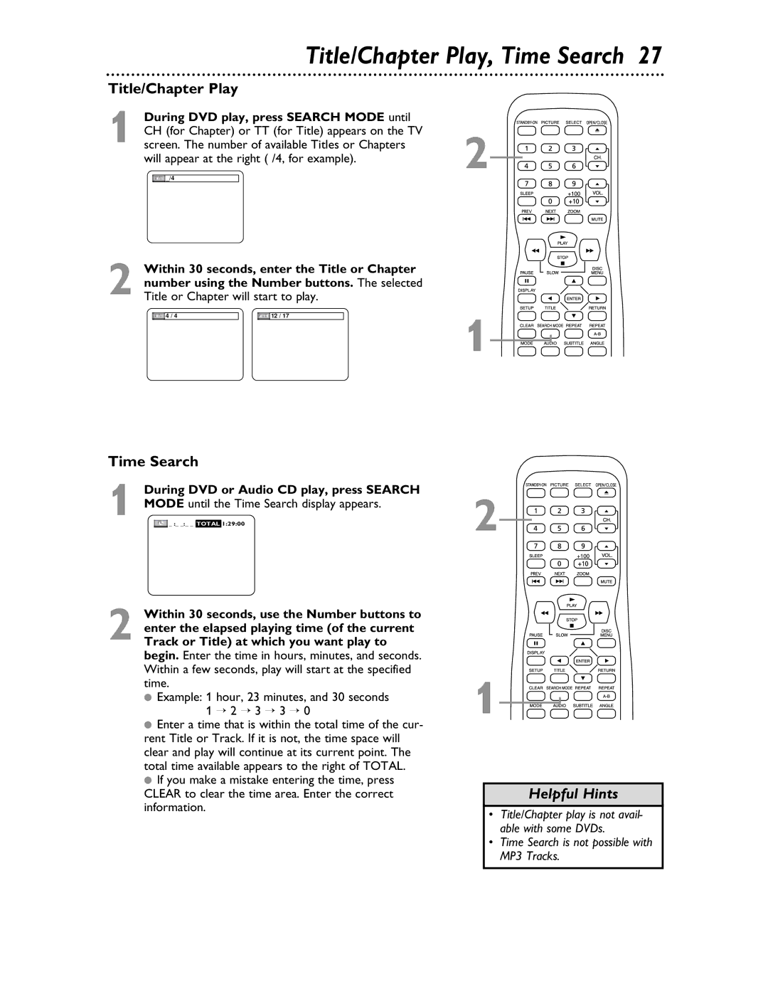 Magnavox 20MDRF20 owner manual Title/Chapter Play, Time Search, Title or Chapter will start to play 