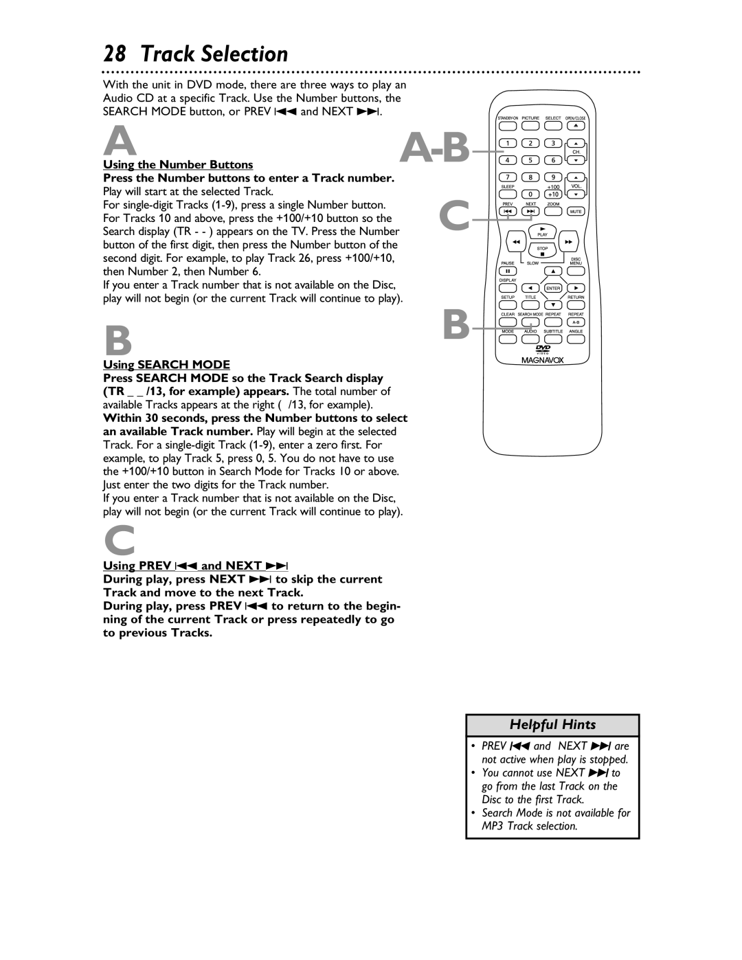 Magnavox 20MDRF20 owner manual Track Selection, Using the Number Buttons, Press the Number buttons to enter a Track number 