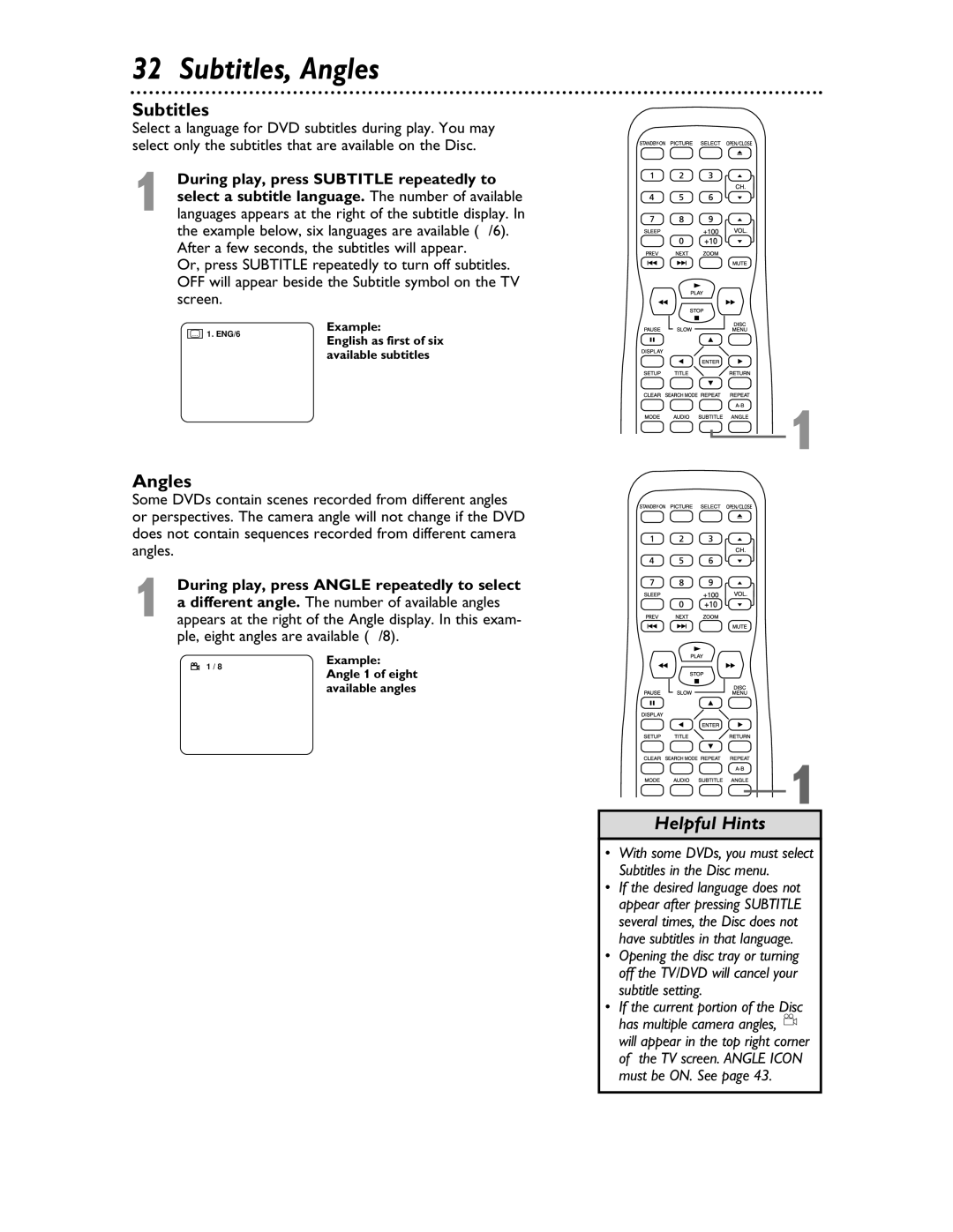 Magnavox 20MDRF20 owner manual Subtitles, Angles 