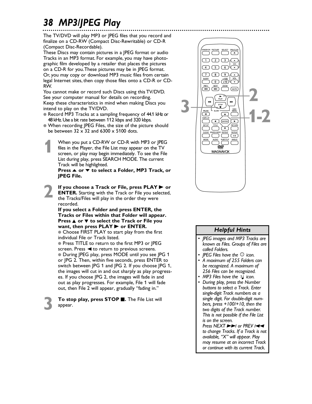 Magnavox 20MDRF20 38 MP3/JPEG Play, To stop play, press Stop C. The File List will appear, Jpeg Files have the icon 