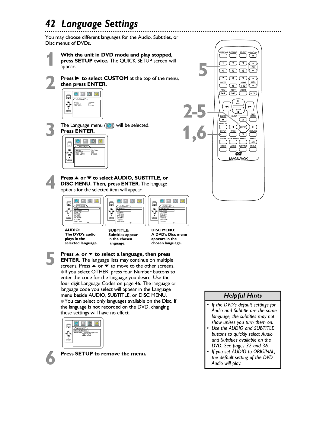 Magnavox 20MDRF20 owner manual Language Settings, With the unit in DVD mode and play stopped, Then press Enter, Press Enter 